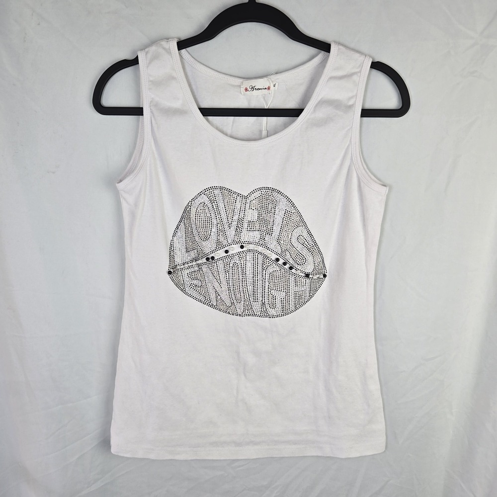 Aronia White XL Love Is Enough Bling Embellished Rhinestone Tank Shirt Sparkle‎